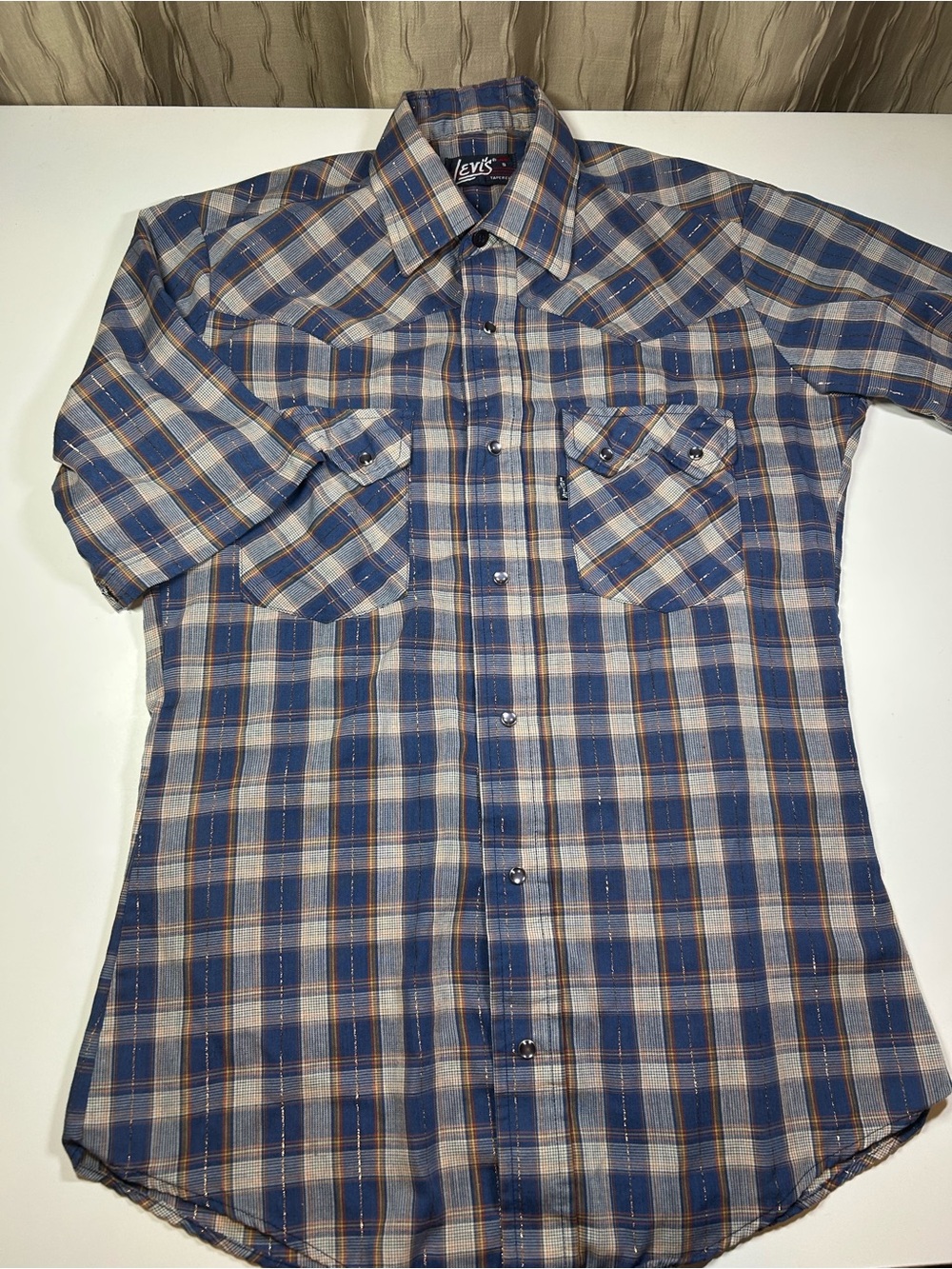 Levi's Women's S Tapered Blue Cream Gold Plaid Western Pearl Snap Up Shirt 80s